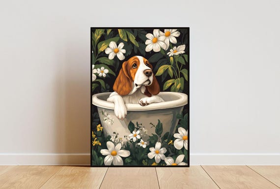 Basset Hound In Bathtub Poster Funny Dog Poster Basset Hound Bathroom Print Basset Hound Bath Poster Pet Poster Dog Bathroom Wall Art