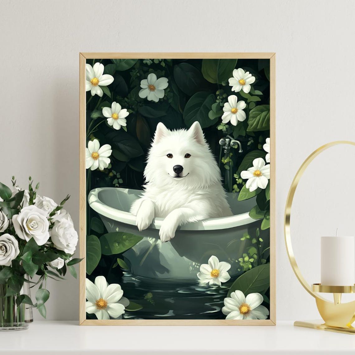 Samoyed Relaxing In Floral Bathtub Cute White Fluffy Dog Poster - Image 3