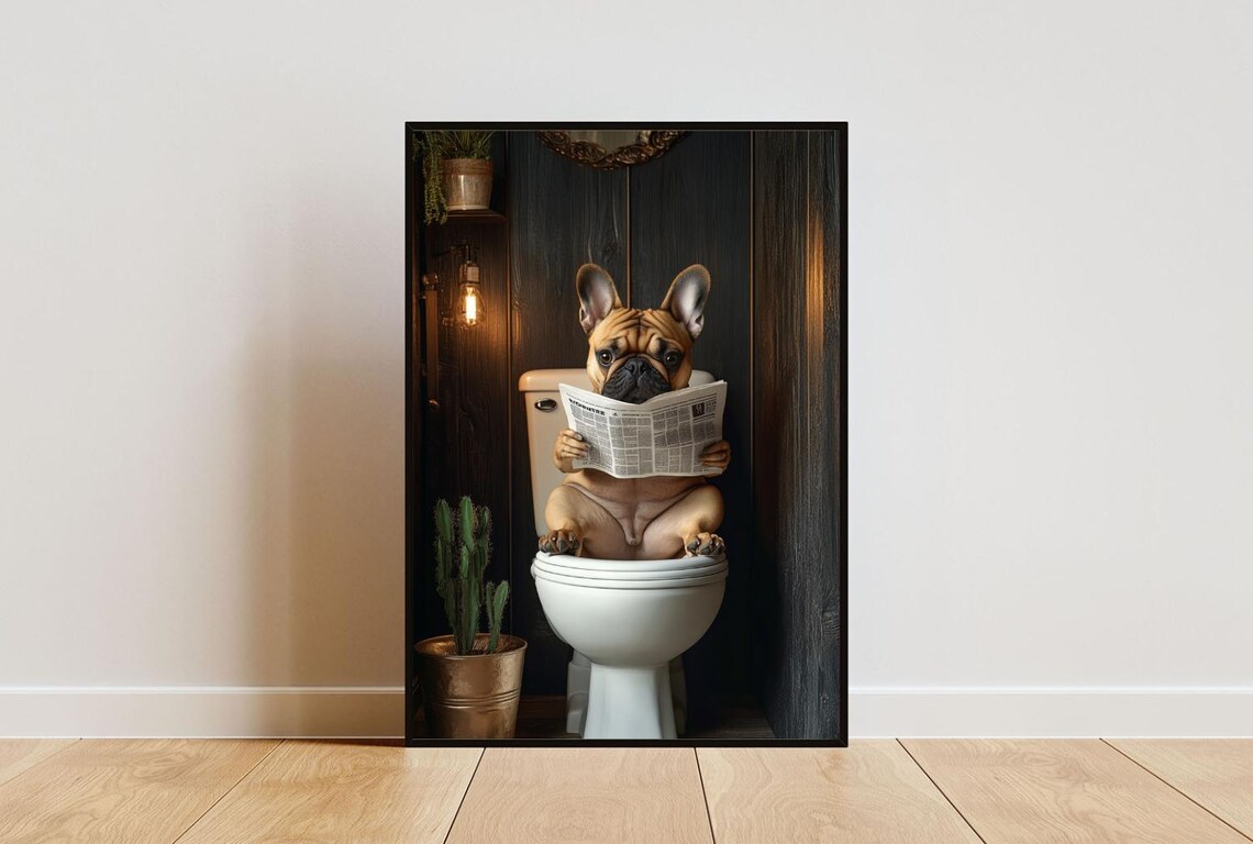 French Bulldog On Toilet Bathroom Dog Art Print