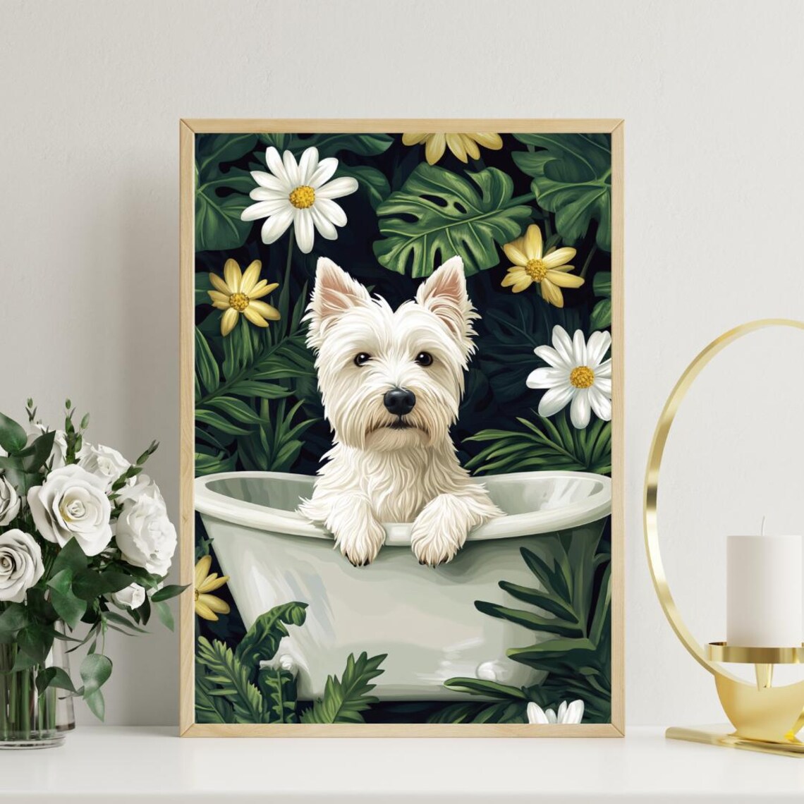 Westie in Bathtub Tropical Flowers Funny Dog Bathroom Art Poster - Image 3