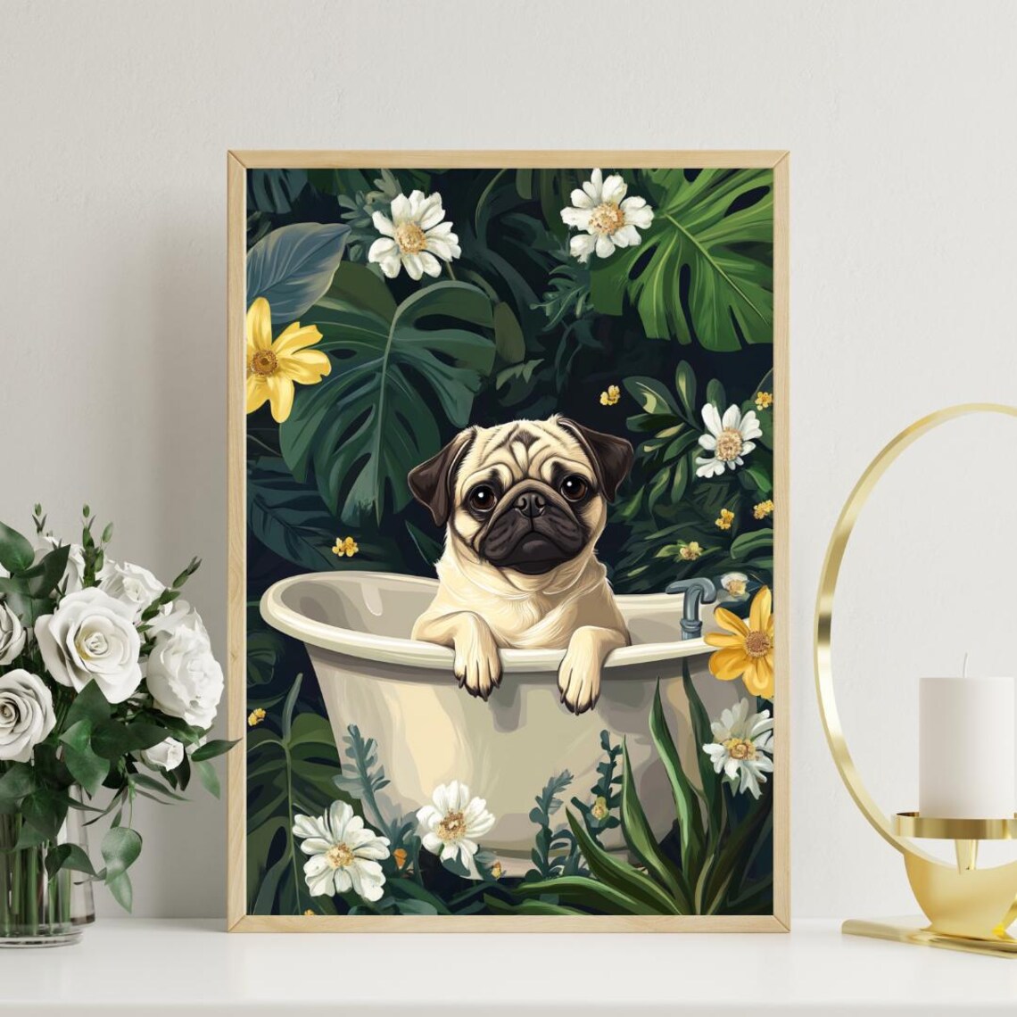 Pug in Bathtub Funny Dog Bathroom Tropical Leaves Floral Art Poster - Image 3