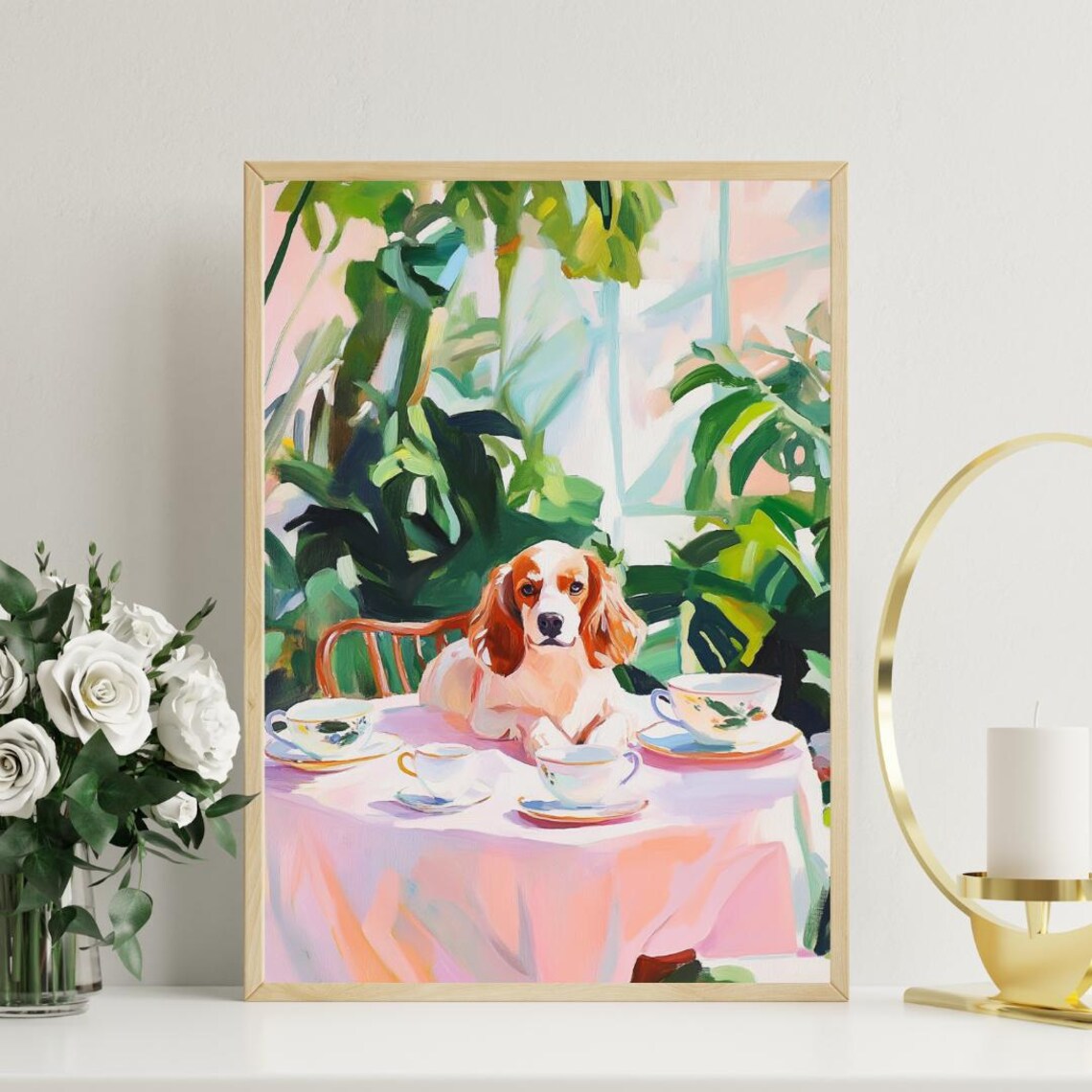 Brittany Spaniel Dog Garden Tea Party Pastel Oil Painting Poster - Image 3