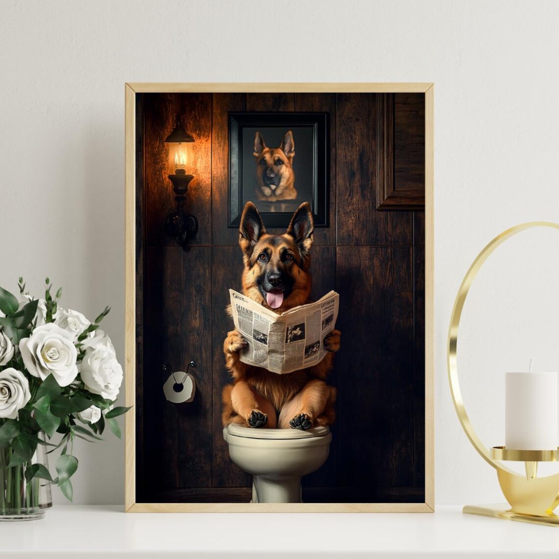 German Shepherd On Toilet Dog Bathroom Poster - Image 3