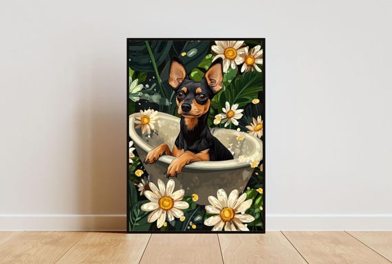 Miniature Pinscher In Bathtub Poster Funny Dog Poster Miniature Pinscher Bathroom Print Miniature Pinscher Bath Poster Bathroom Wall Art