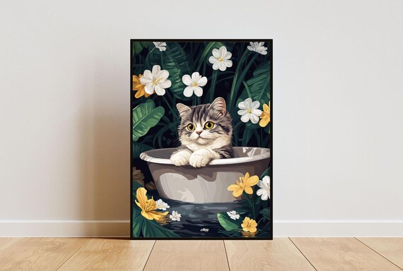 Exotic Shorthair Kitten in Bathtub Botanical Bathroom Funny Decor Poster