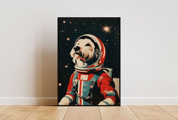 White Terrier Astronaut Retro Space Suit Starry Sky Canine Portrait Poster
