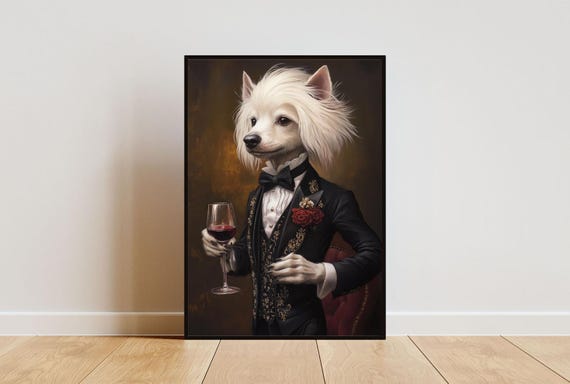 Chinese Crested Dog In Tuxedo Poster Pet Chinese Crested Dog In Suit Print Chinese Crested Dog Portrait Funny Chinese Crested Dog Art