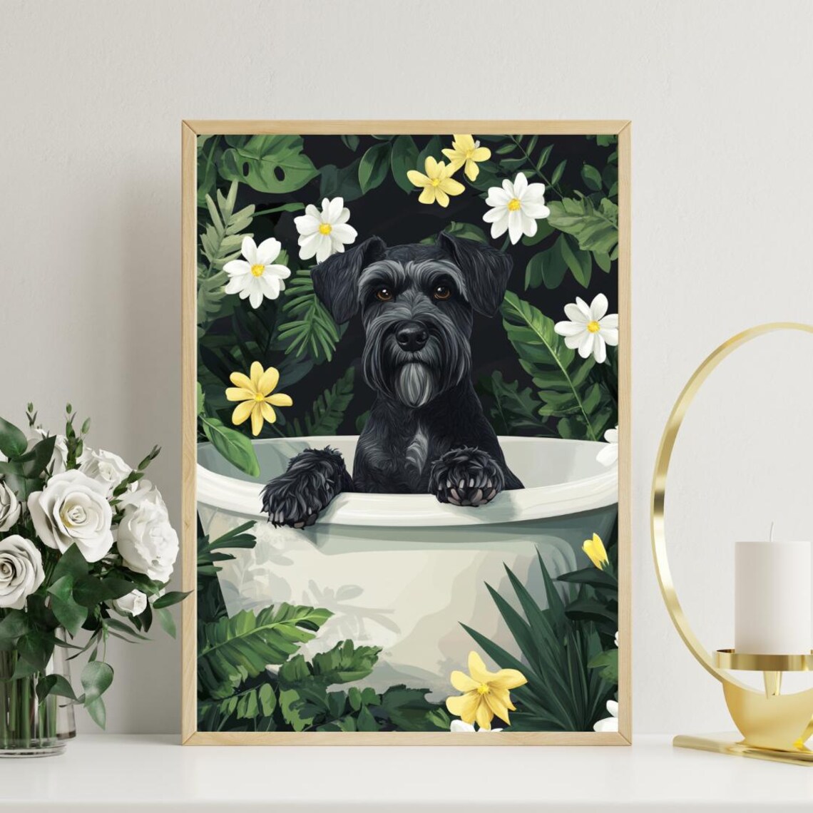 Giant Schnauzer Soaking In A Floral Bathtub Cute Funny Dog Poster - Image 3