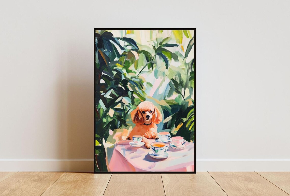 Poodle Dog Garden Tea Party Pastel Oil Painting Style Poster