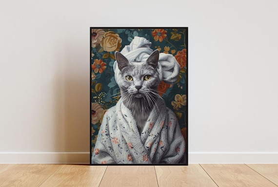 Russian Blue Cat Bathrobe Portrait Poster Cute Spa Day Floral Decor