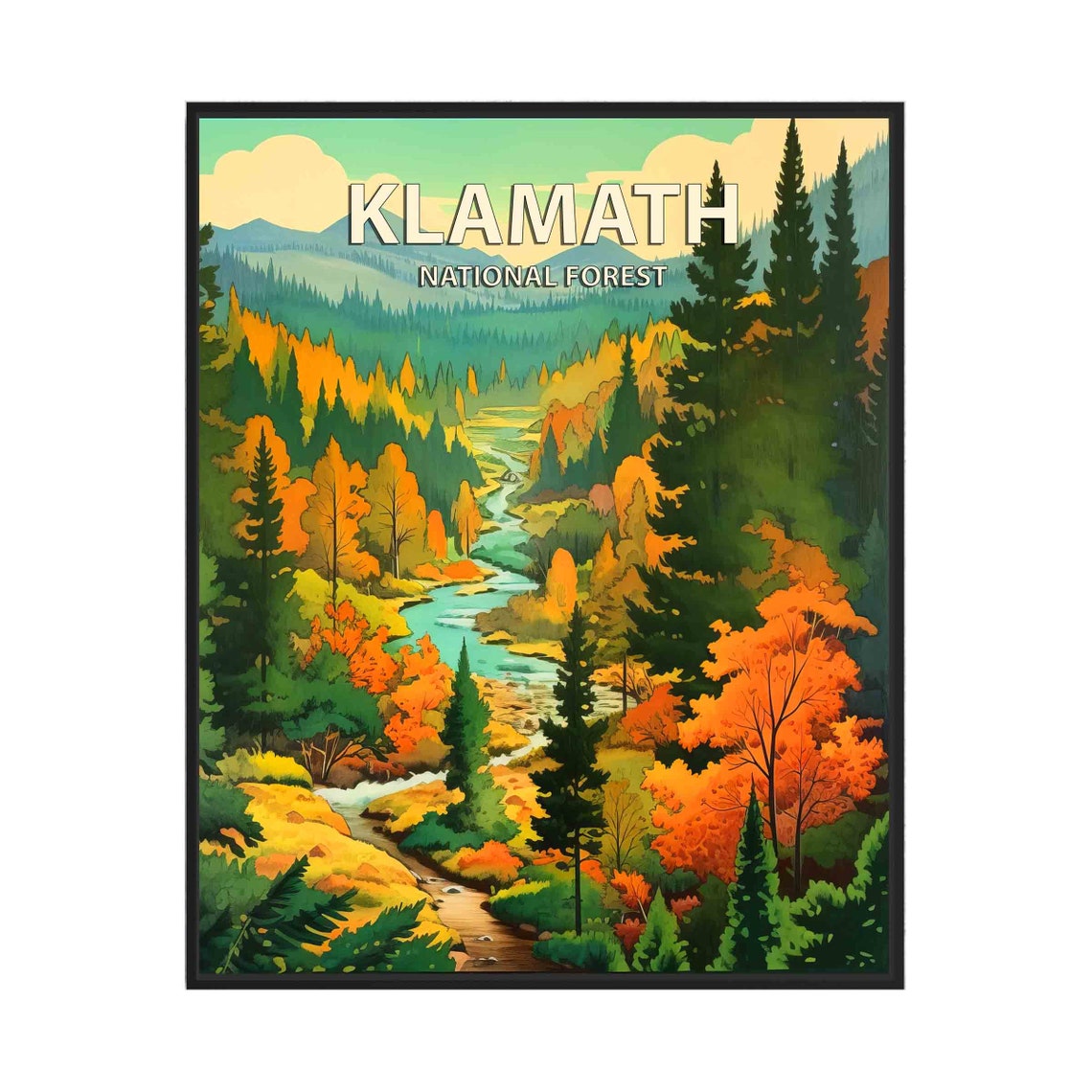 Klamath National Forest Poster with Autumn River Valley Landscape