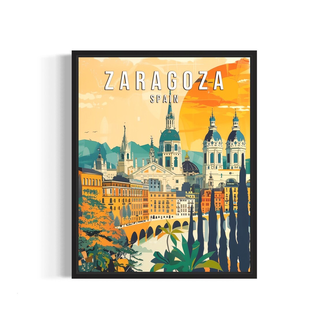 Zaragoza Spain Grand Basilica at Sunset Vintage Travel Poster