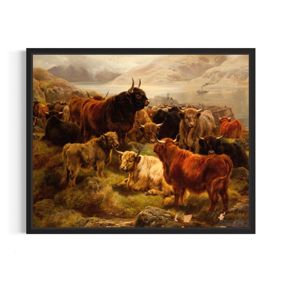 Highland Cattle Herd By Loch Steamer Scotland Vintage Art Poster
