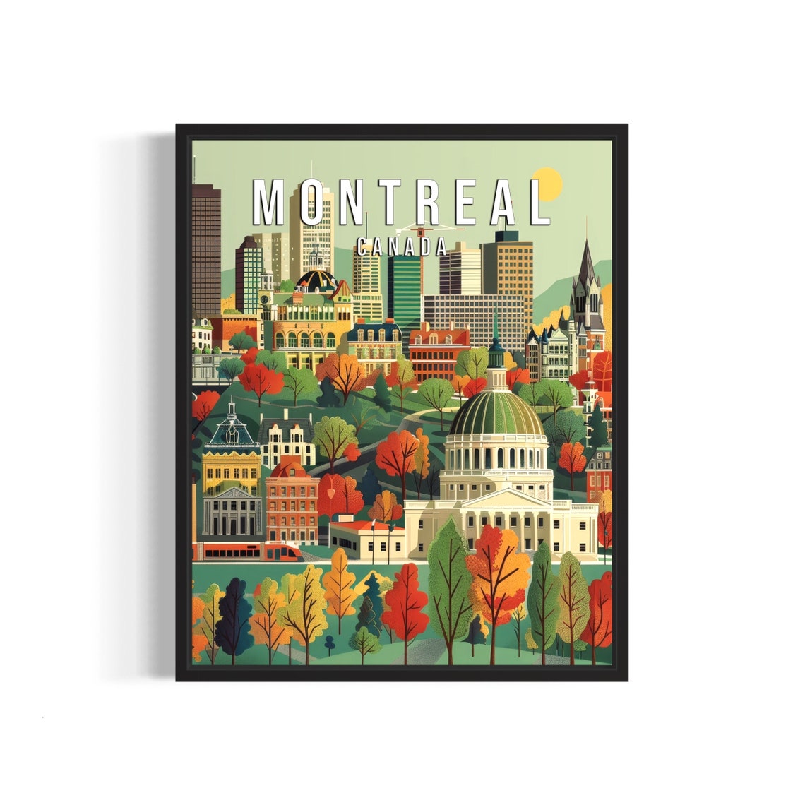 Montreal Canada Autumn City Skyline Vintage Illustration Poster