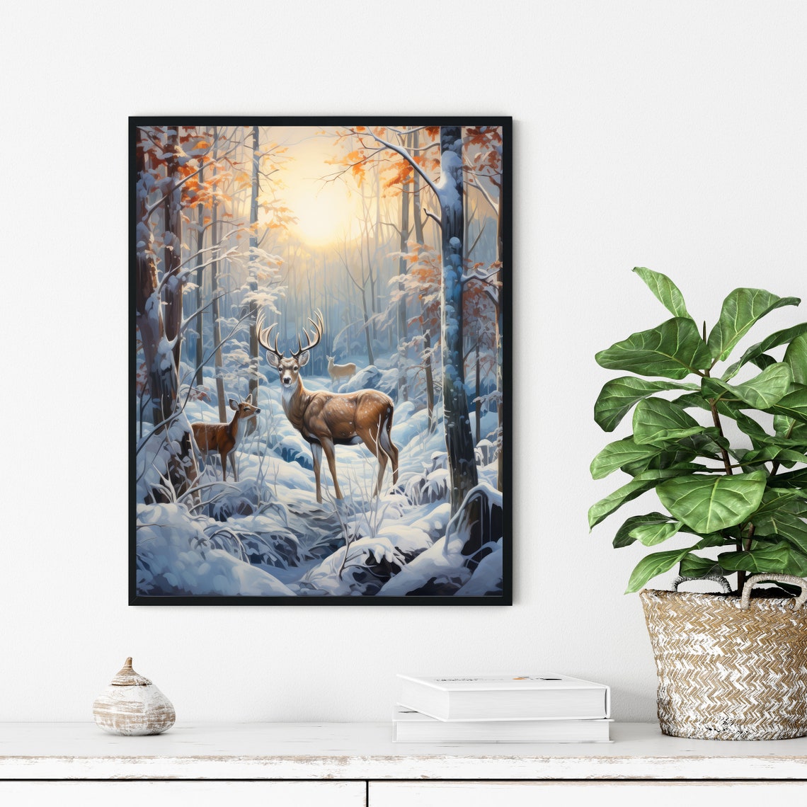 Deer Family in Snowy Winter Forest Sunrise Holiday Art Poster - Image 3