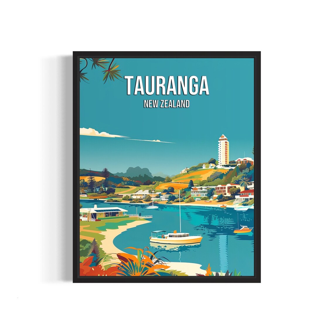 Tauranga New Zealand Harbor Poster With Boats And Waterfront Skyline