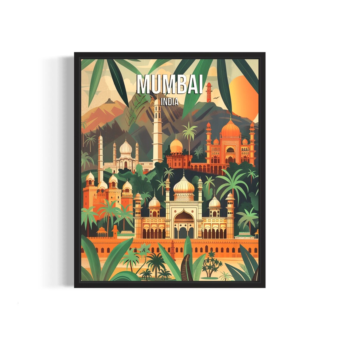Mumbai India Retro Tropical Skyline Temple Domes Vintage Travel Poster