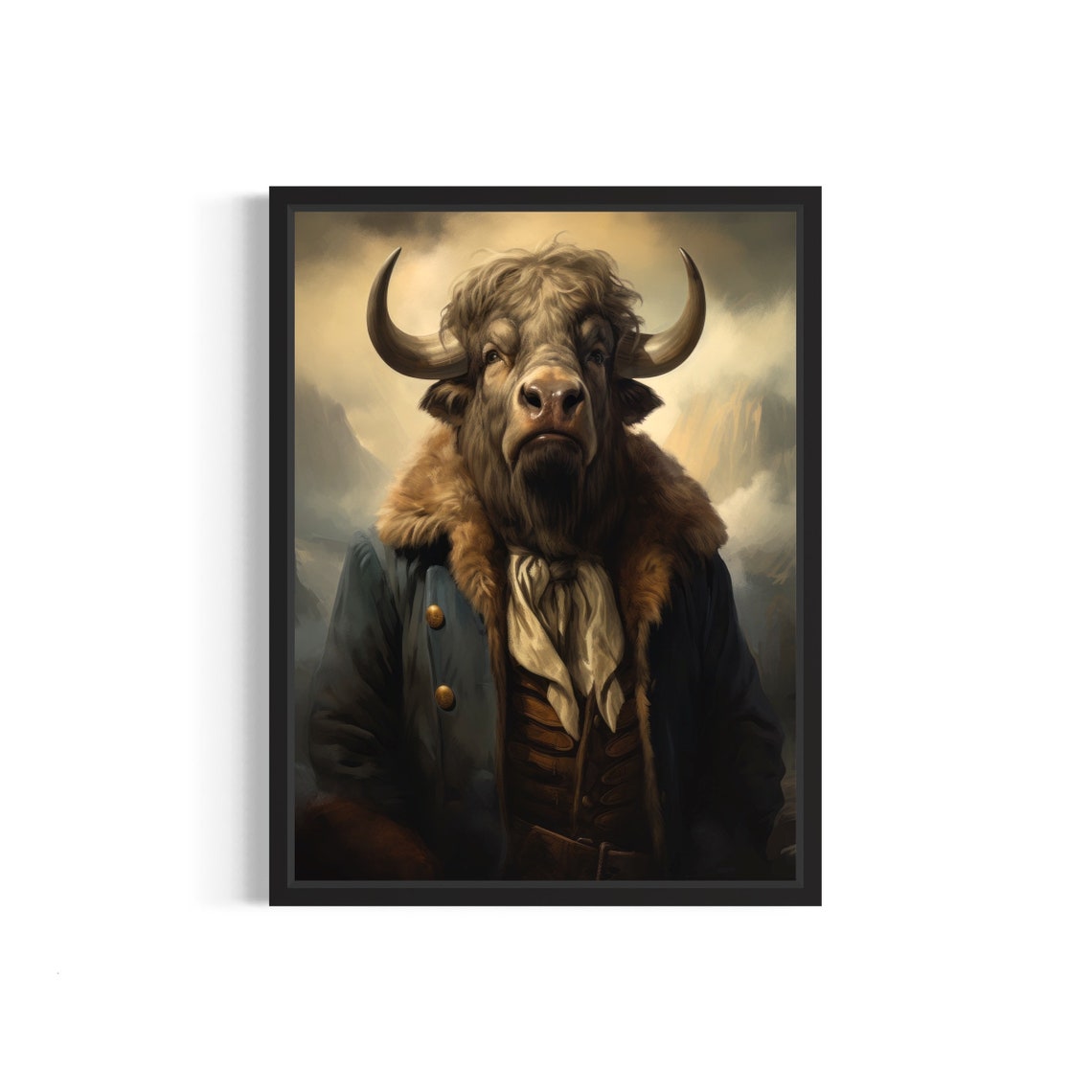 Buffalo Gentleman in Fur Collared Coat Vintage Animal Portrait Print