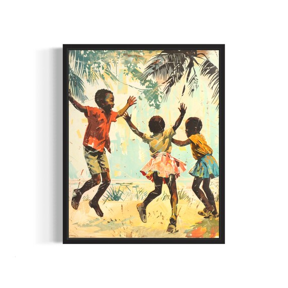 African Kids Poster Art Print Vintage Retro Landmarks Painting Wall Art Decor