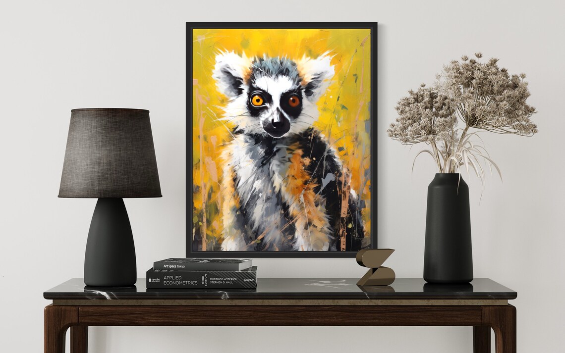 Curious Ring Tailed Lemur Golden Yellow Abstract Painting Poster - Image 2