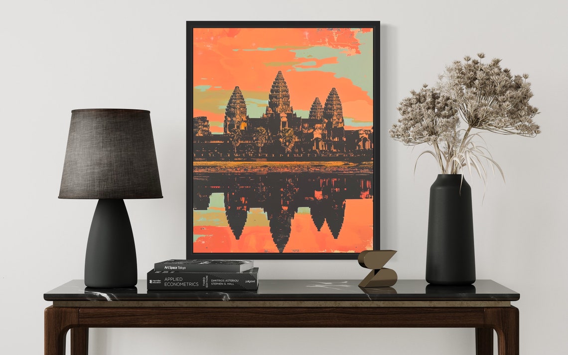Angkor Wat Cambodia Sunset Orange Temple Reflection Vintage Poster - Image 3
