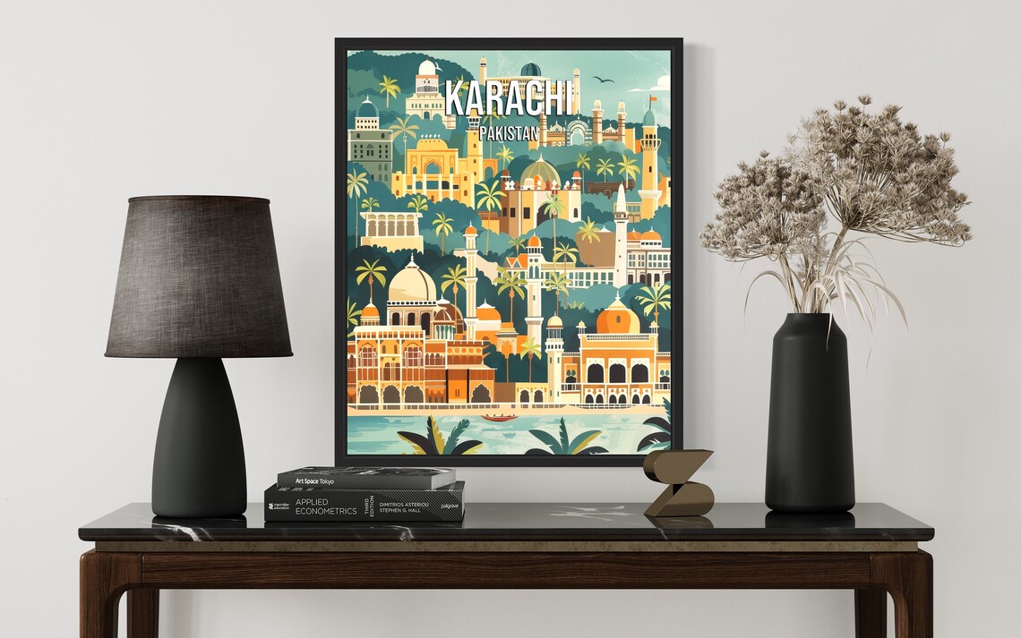 Karachi Pakistan Vintage Cityscape Domes Minarets Retro Poster - Image 2