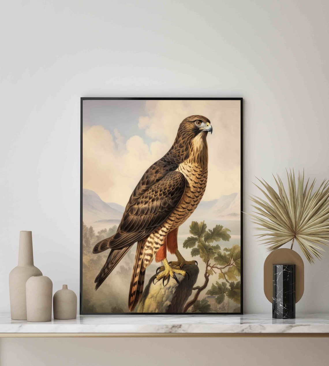 Majestic Hawk on Rocky Perch Vintage Realistic Wildlife Poster - Image 2