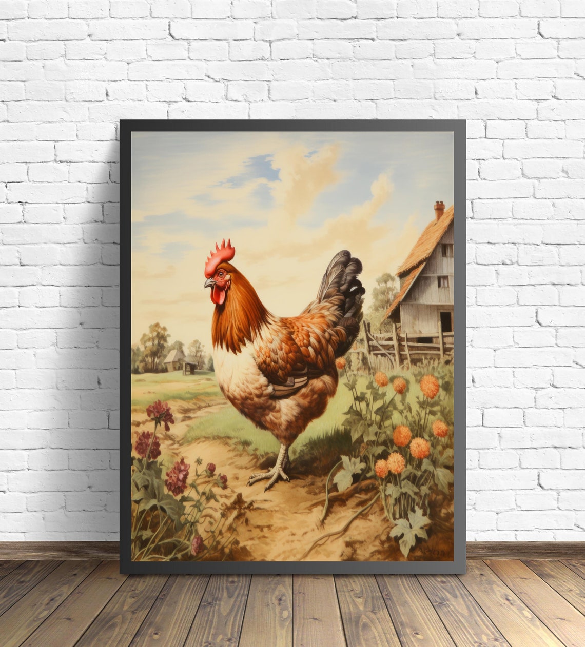 Proud Red Rooster Strutting Through A Blooming Farm Garden Poster - Image 2