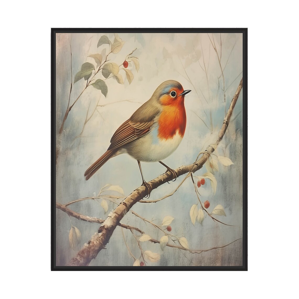 European Robin Perched on a Branch in Autumn Vintage Bird Poster