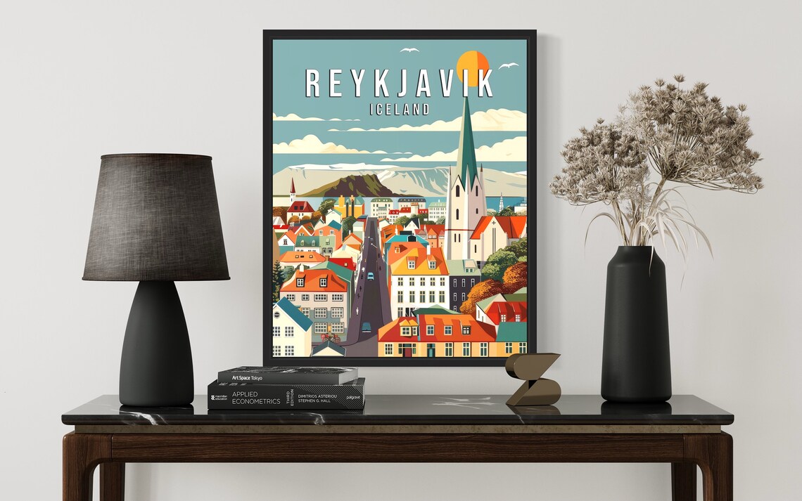 Reykjavik Retro Cityscape Church Spire Iceland Harbor Poster - Image 2