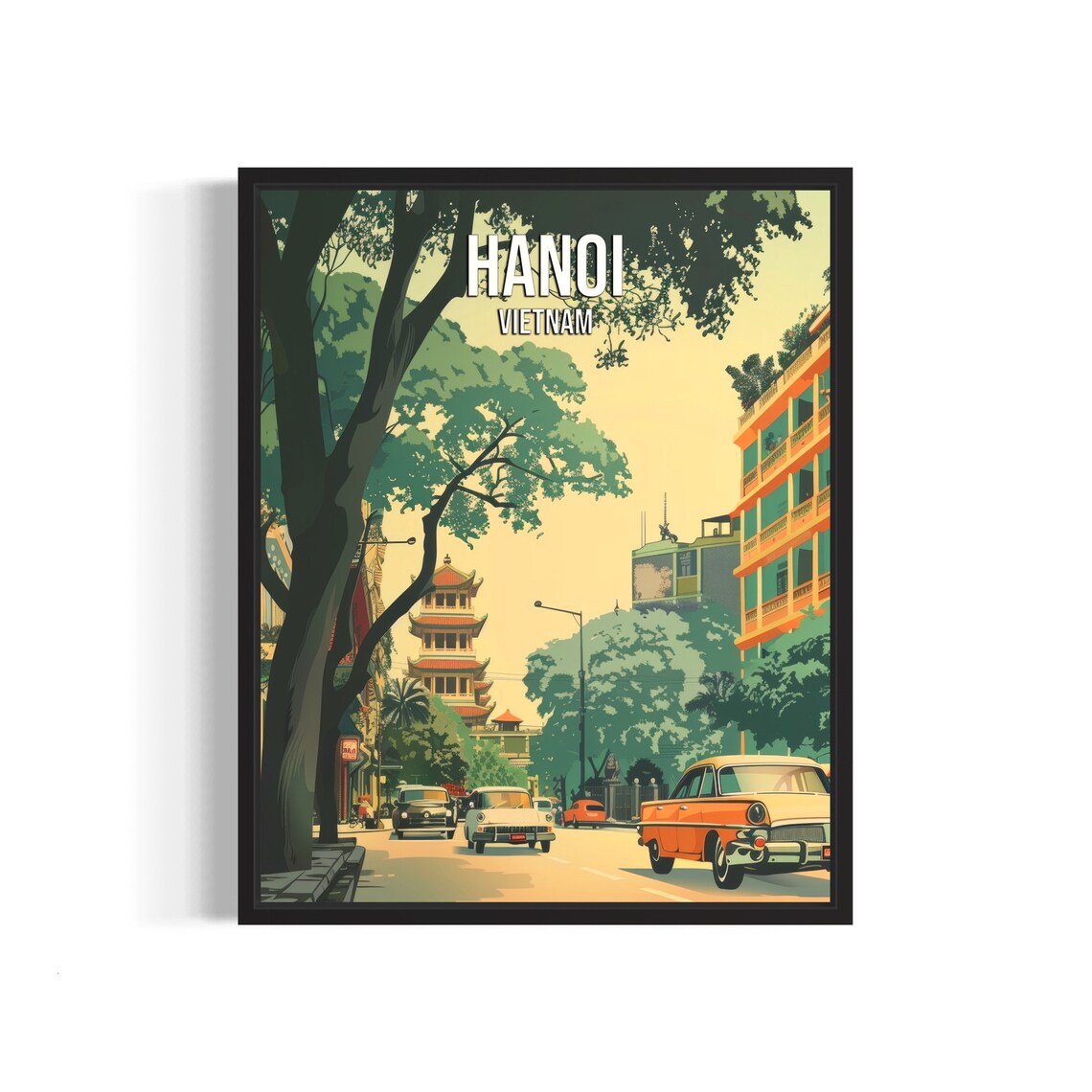 Hanoi Vietnam Old Street Vintage Cars Retro City Travel Poster
