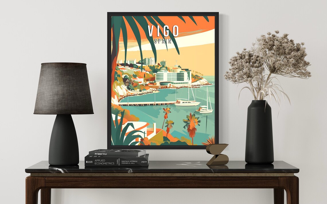 Vigo Spain Sunset Harbor Sailboats Palm Fringed Retro Travel Poster - Image 2