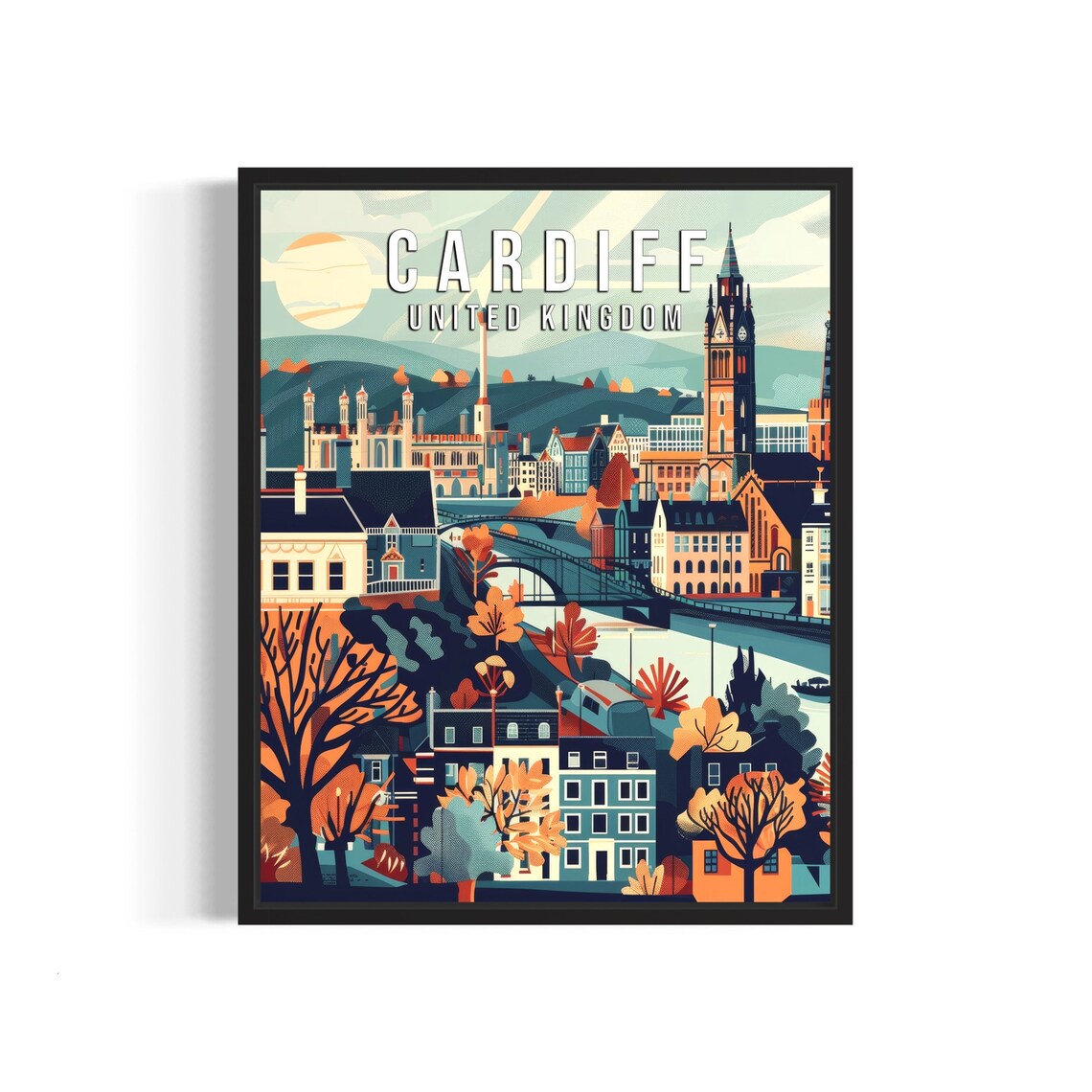 Cardiff United Kingdom Retro City Travel Poster with Clock Tower