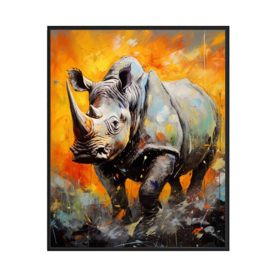 Charging Rhino Abstract Wildlife Painting Fiery Orange Wall Art