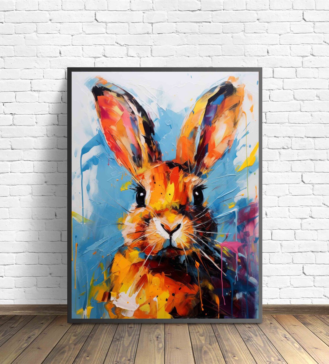 Colorful Rabbit Portrait Splash Paint Playful Wildlife Wall Art