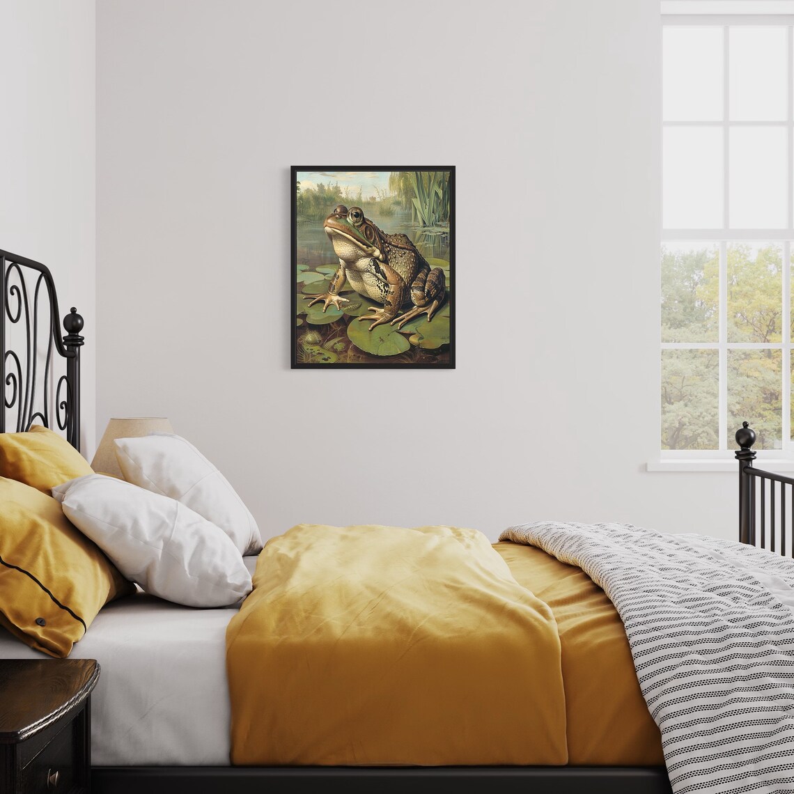 Bullfrog on Lily Pads Pond Vintage Wildlife Painting Wall Art - Image 2