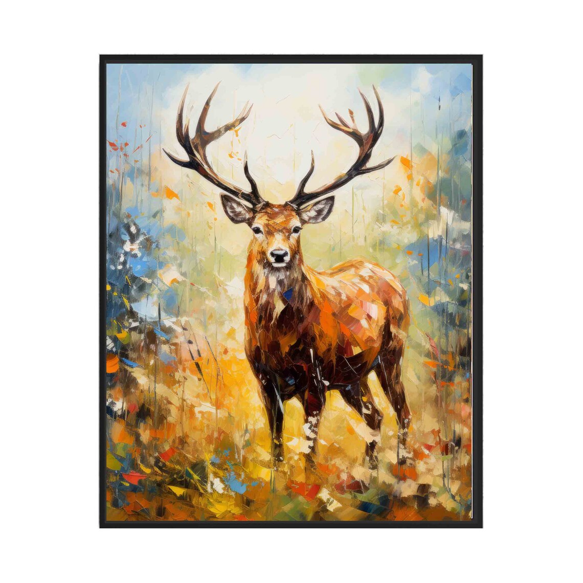 Majestic Stag With Antlers in Autumn Forest Oil Painting Poster