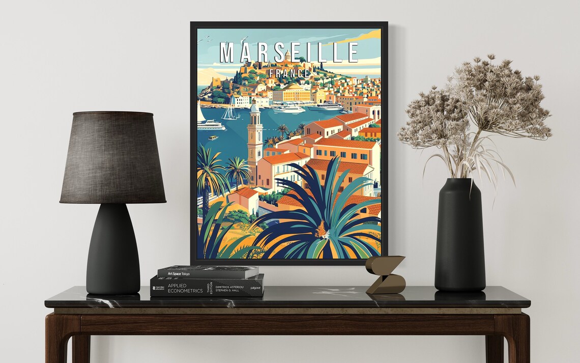 Marseille France Hilltop Basilica Old Port and Palms Vintage Poster - Image 2