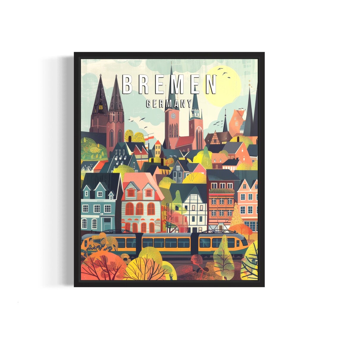 Bremen Germany Old Town Colorful Houses Tram Illustrated Poster