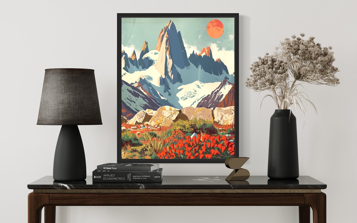 Paine Massif Chile Snow Peaks Red Flowers Scenic Travel Poster - Image 2