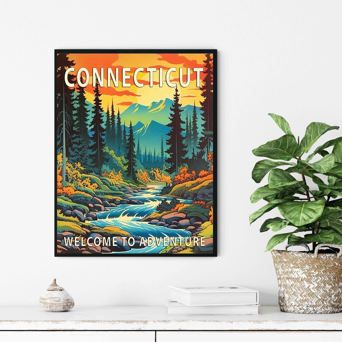 Connecticut Retro Forest River Sunset Welcome Adventure Travel Poster - Image 2