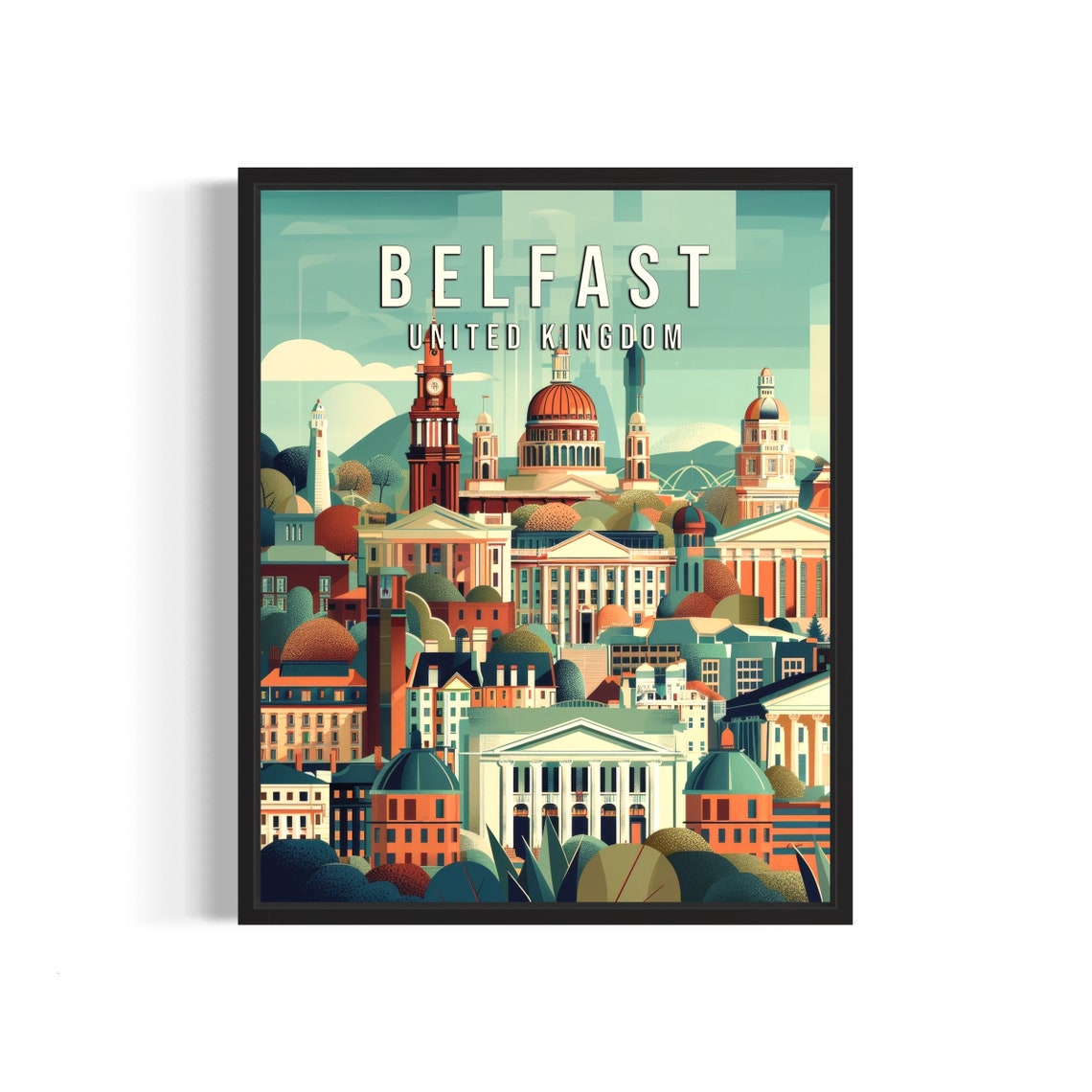 Belfast United Kingdom City Landmarks Illustrated Travel Poster
