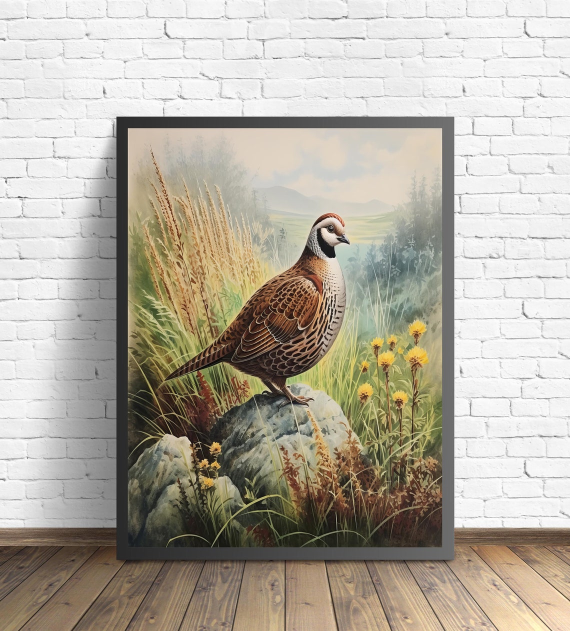 Bobwhite Quail Perched On Rock Among Yellow Wildflowers Poster - Image 2