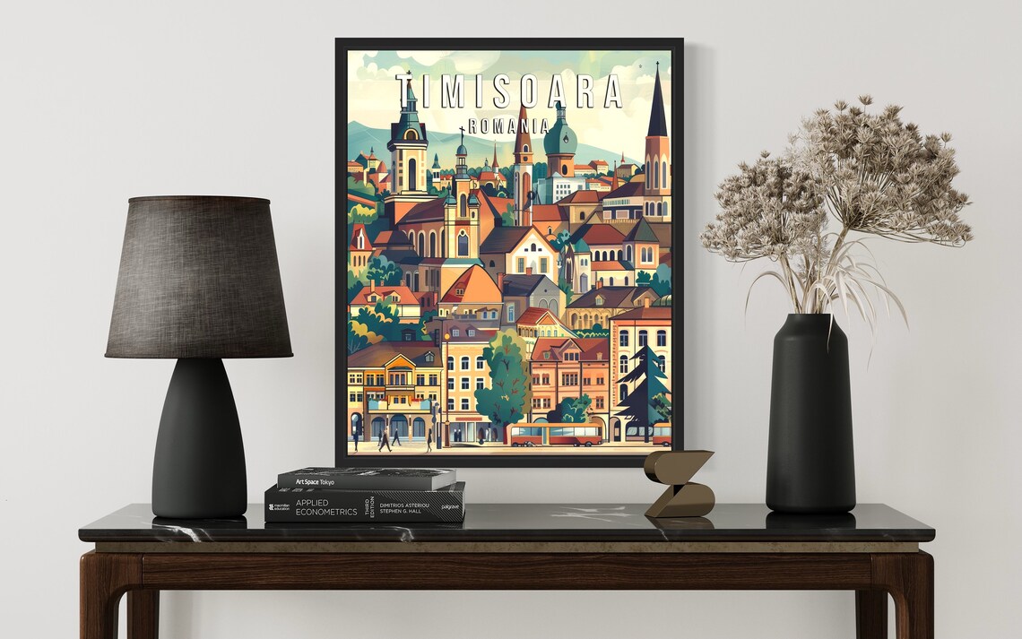 Timisoara Romania Travel Poster with Church Towers and Old Town Street - Image 2