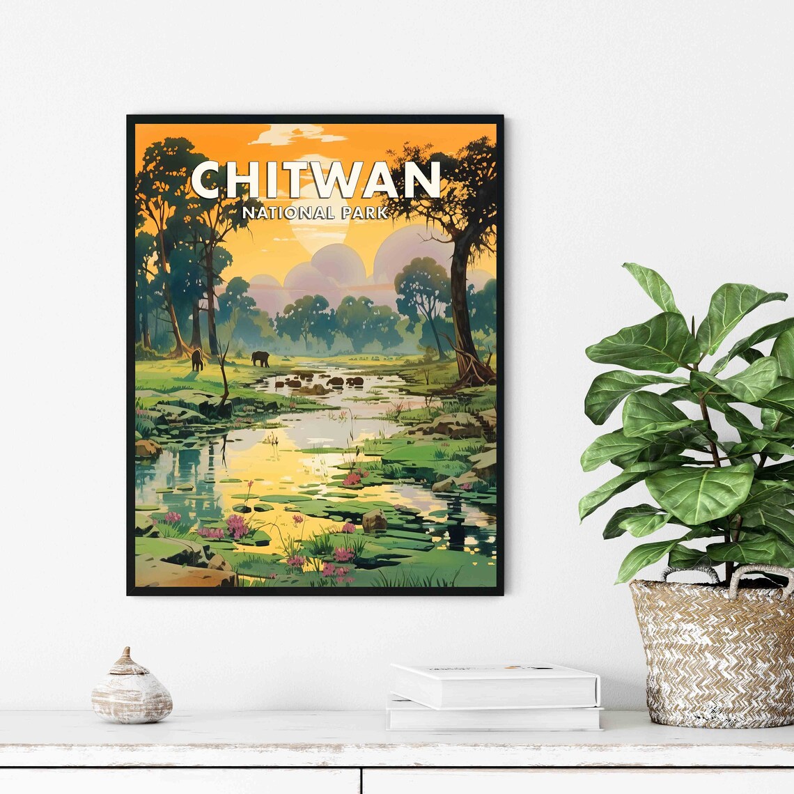 Chitwan National Park Sunset Wetland Wildlife Vintage Travel Poster - Image 2