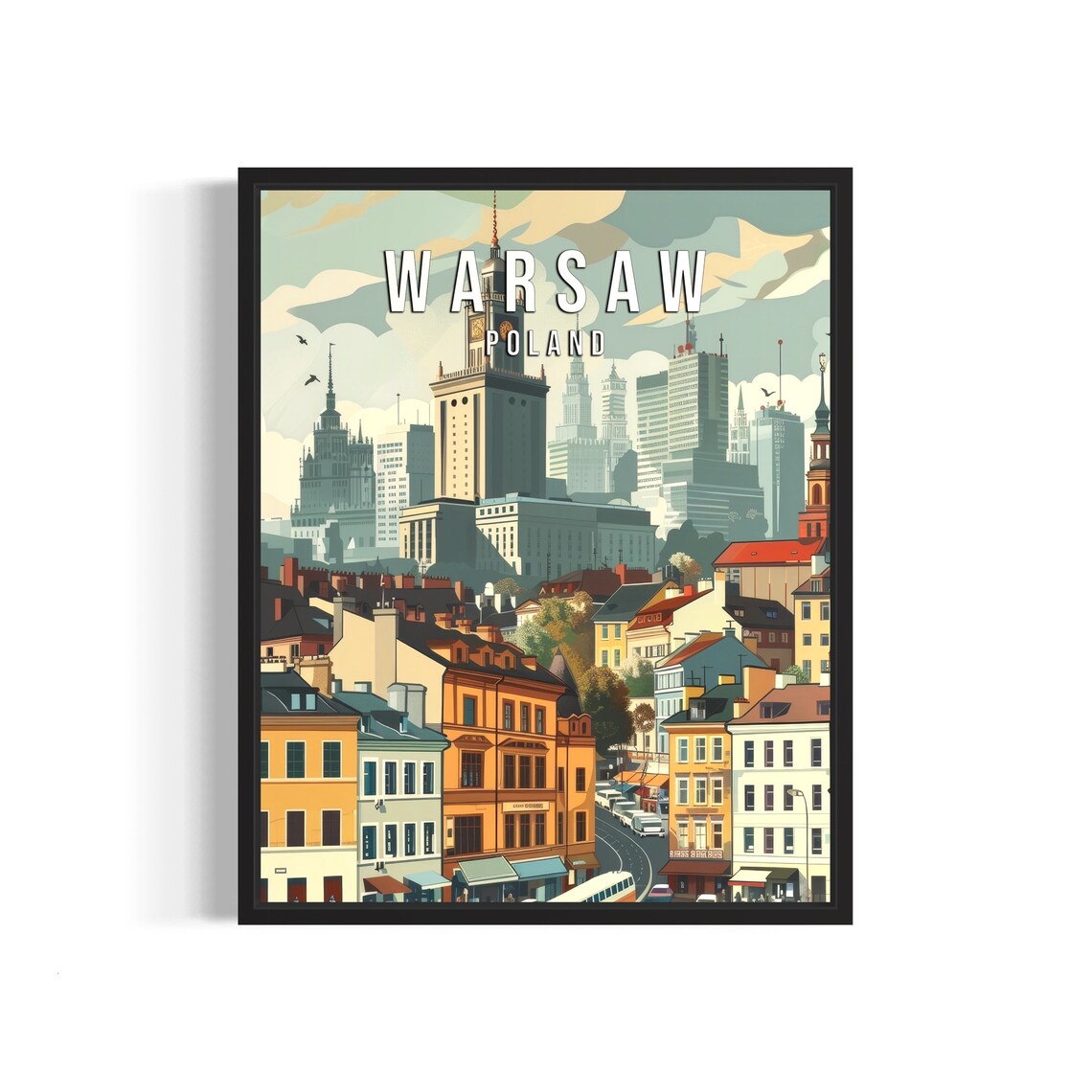 Warsaw Poland Retro Cityscape Palace of Culture Travel Poster