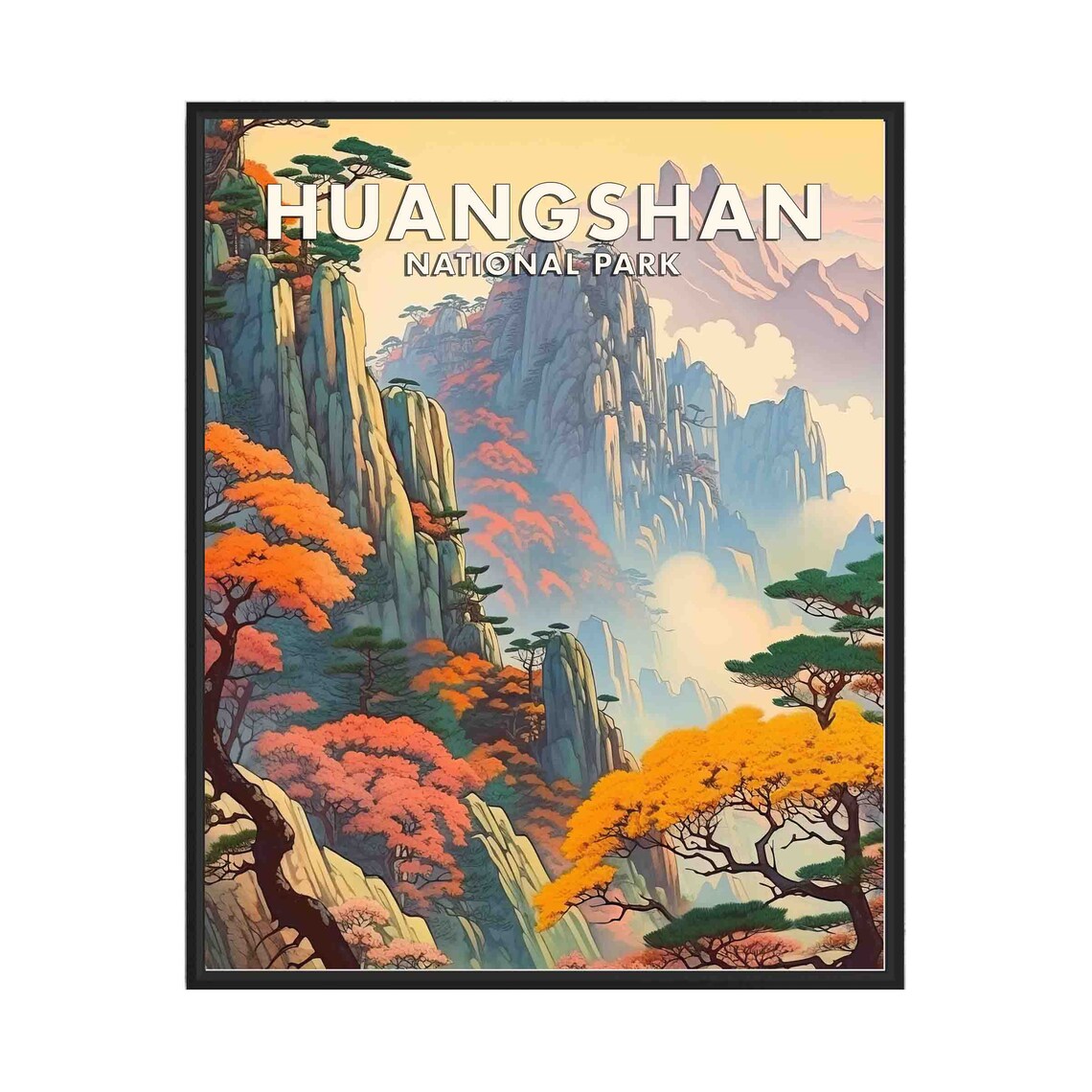 Huangshan National Park Granite Peaks Autumn Vintage Travel Poster
