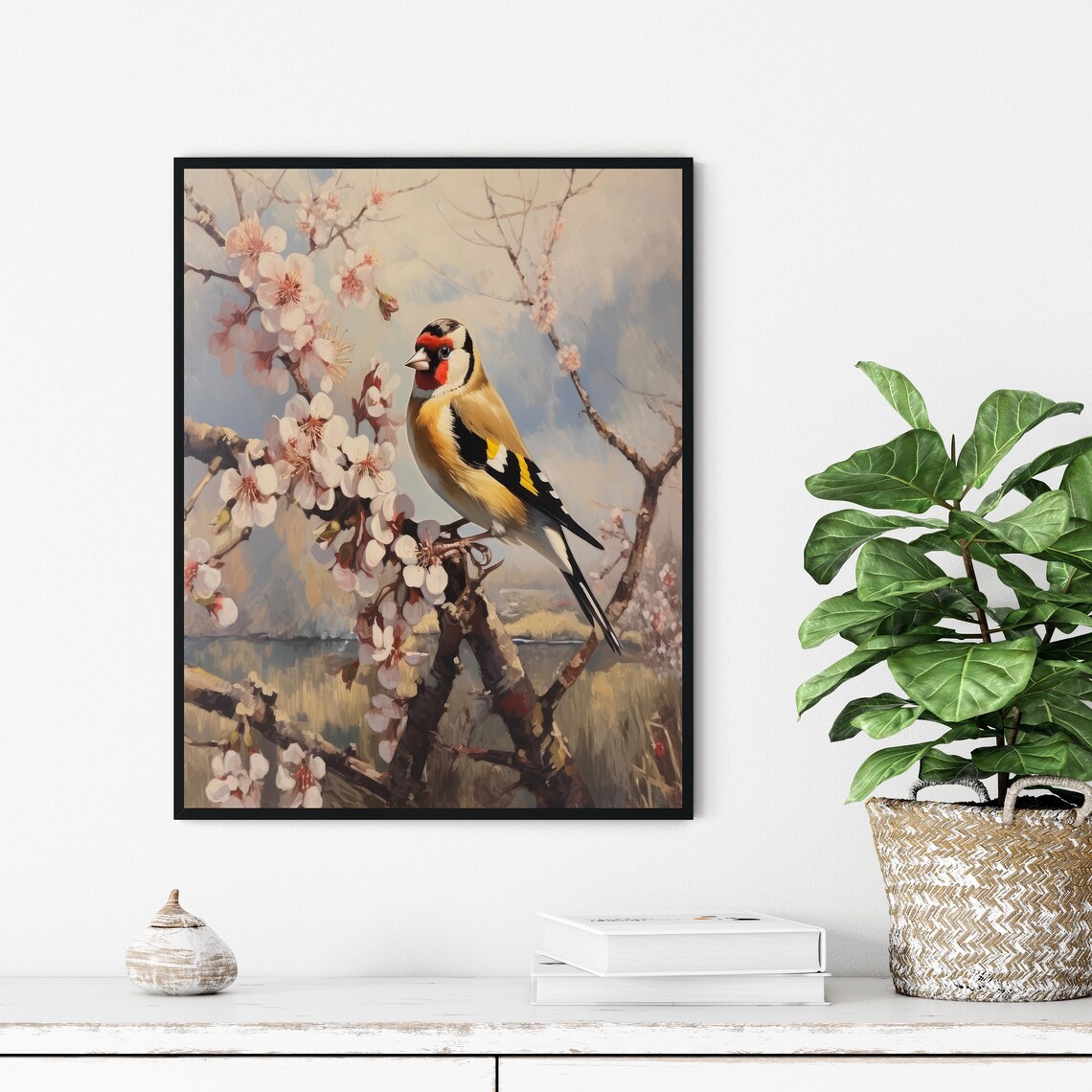 European Goldfinch on Cherry Blossom Branch Vintage Bird Art Poster - Image 2
