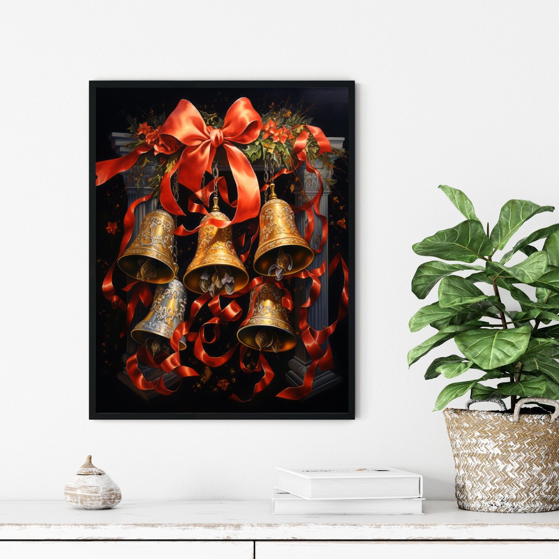 Golden Christmas Bells with Red Ribbons Elegant Holiday Decor Poster - Image 2