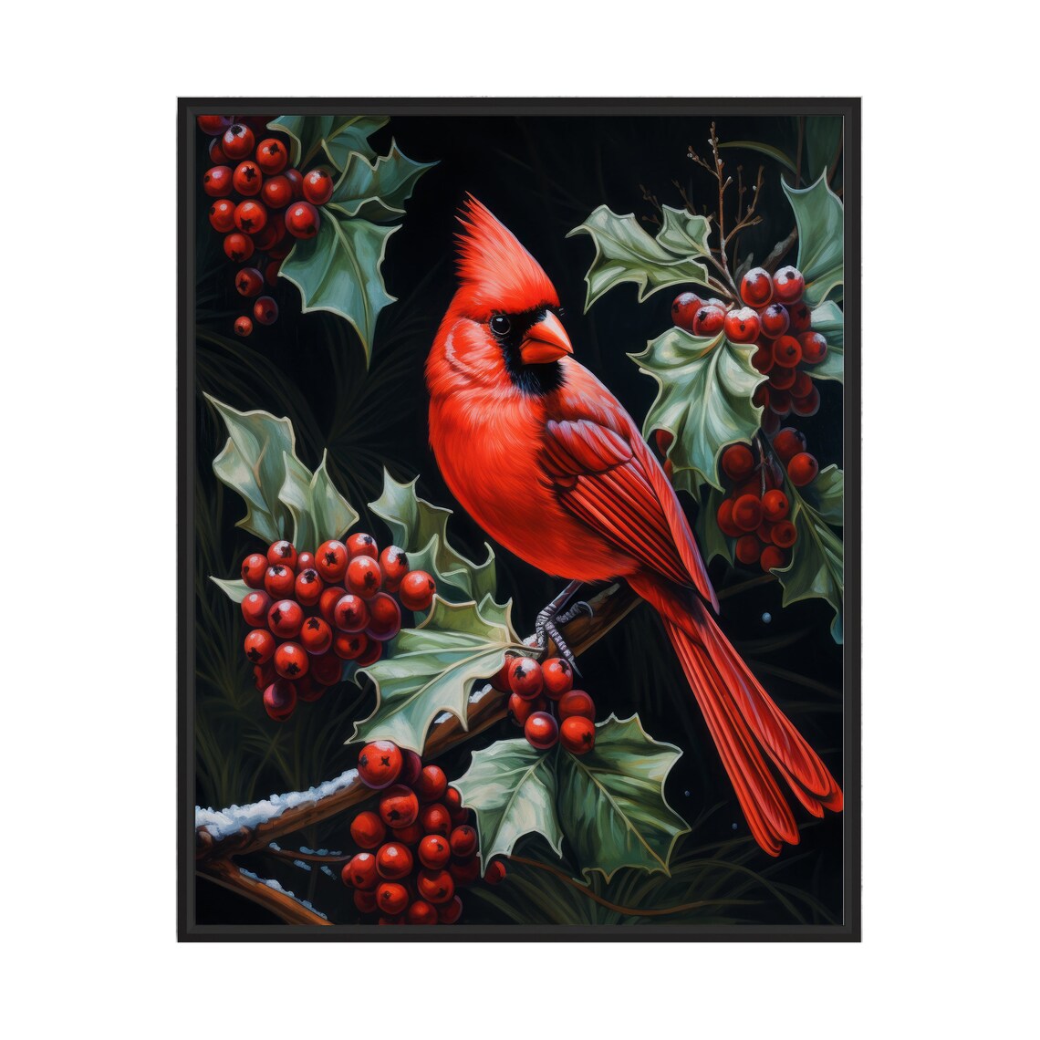 Red Northern Cardinal on Holly Branch Winter Bird Painting Poster